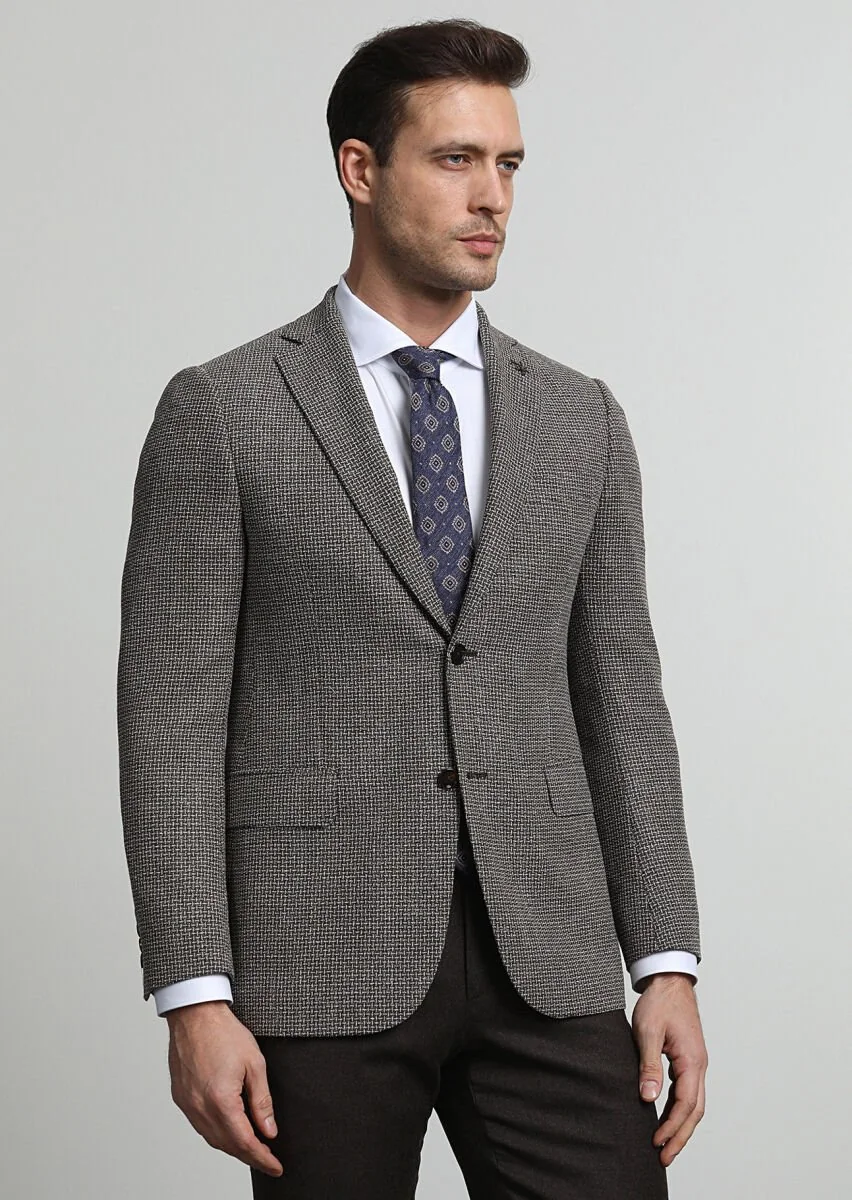 Brown Patterned Regular Fit Silk Blended Jacket - 3