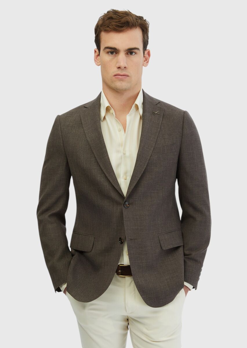 Brown Patterned Regular Fit Silk Blended Jacket - 1