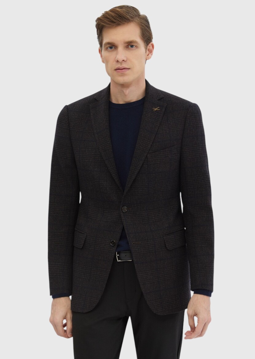 Brown Patterned Regular Fit Wool Blended Jacket - RAMSEY