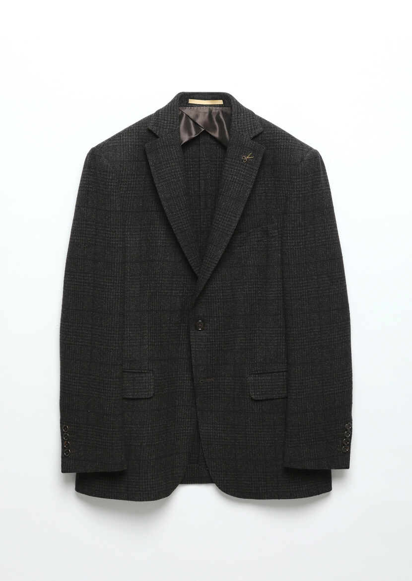 Brown Patterned Regular Fit Wool Blended Jacket - 8