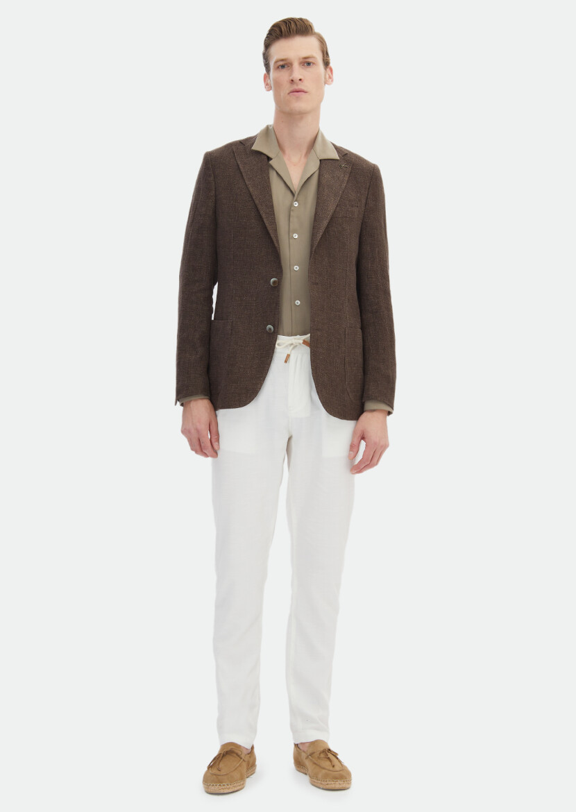 Brown Patterned Shirt Shoulder Slim Fit 100% Linen Jacket 
