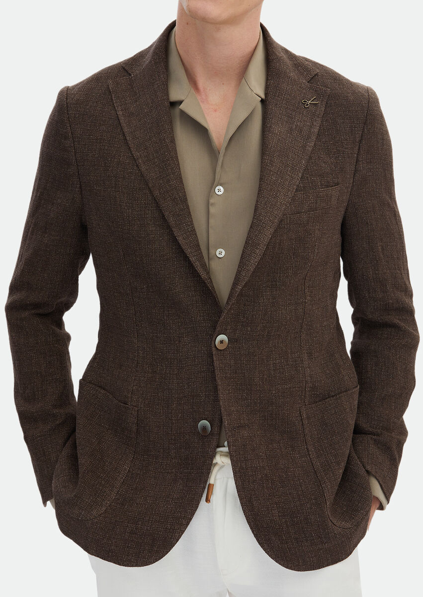 Brown Patterned Shirt Shoulder Slim Fit 100% Linen Jacket - 6