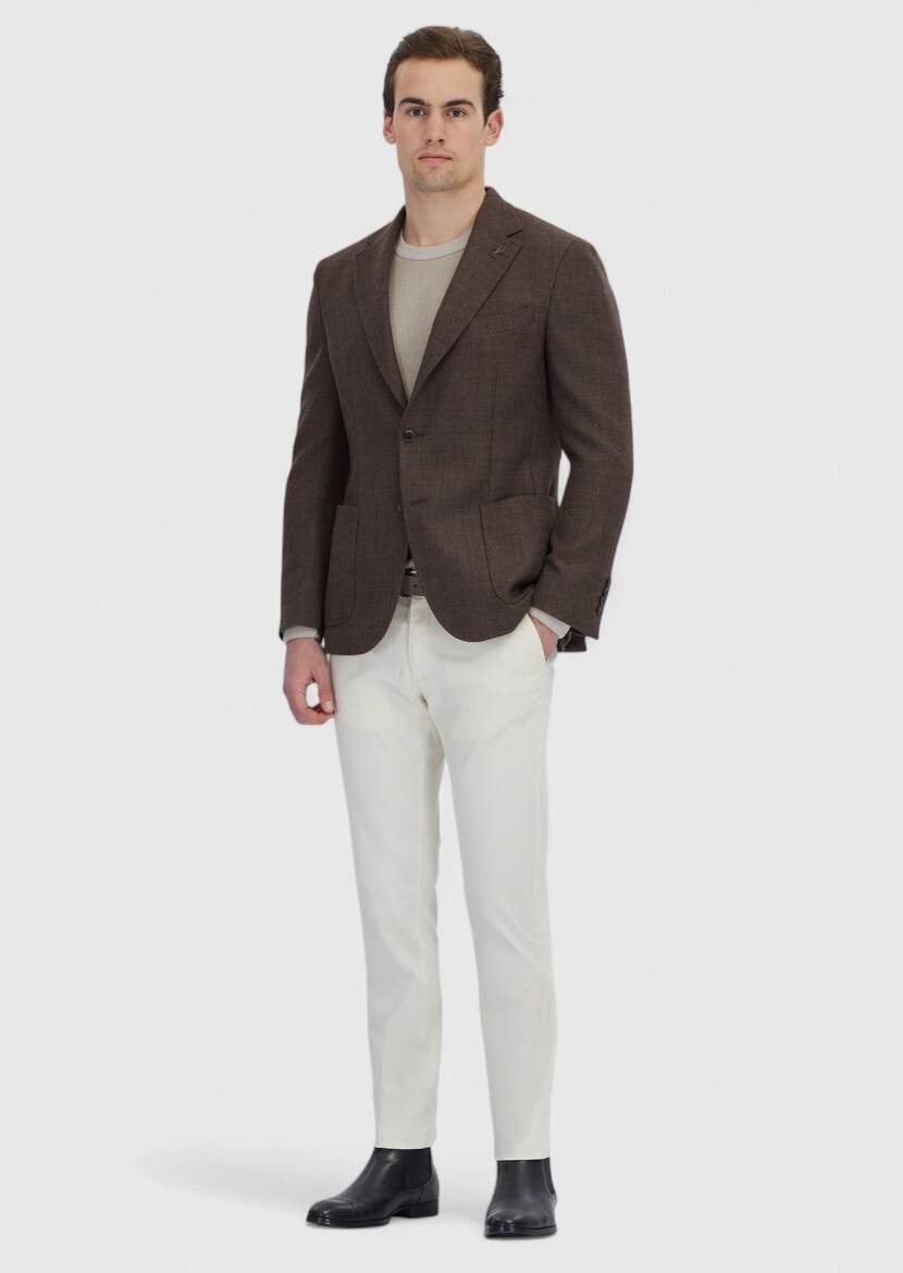Brown Patterned Zeroweight Slim Fit 100% Wool Jacket - RAMSEY