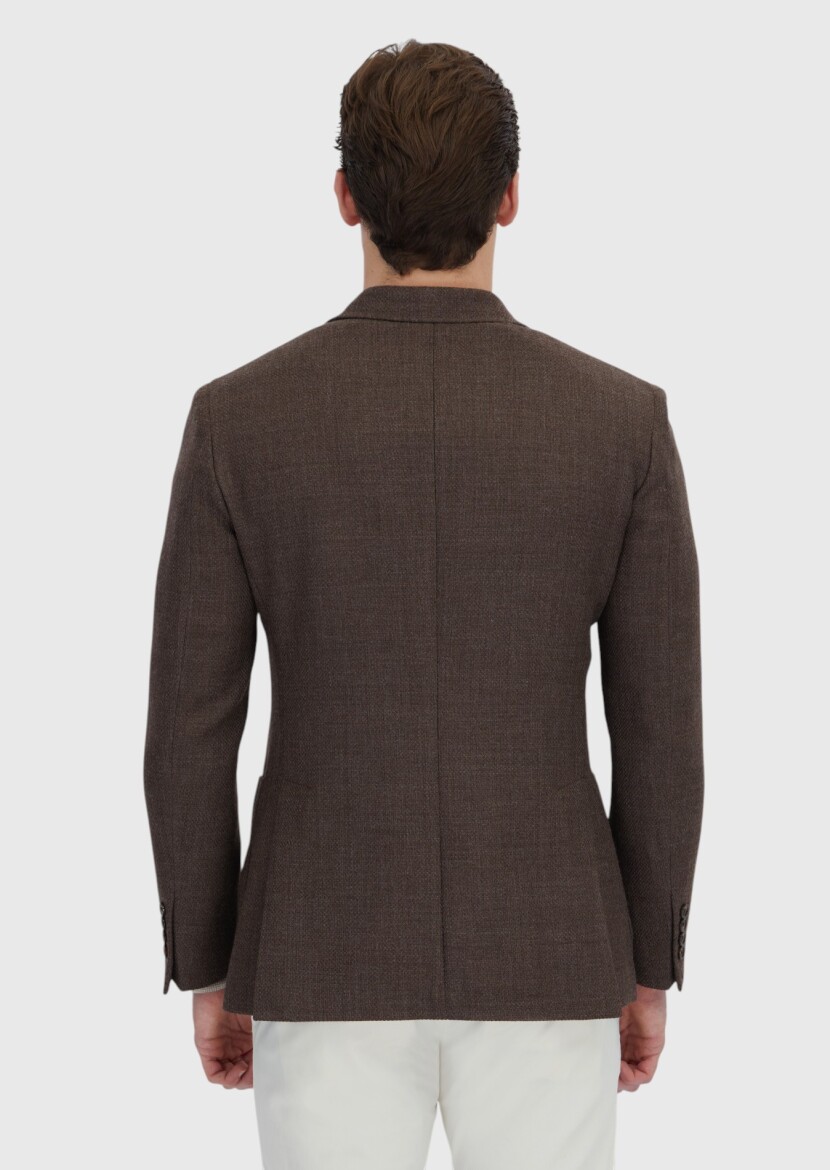 Brown Patterned Zeroweight Slim Fit 100% Wool Jacket - 6