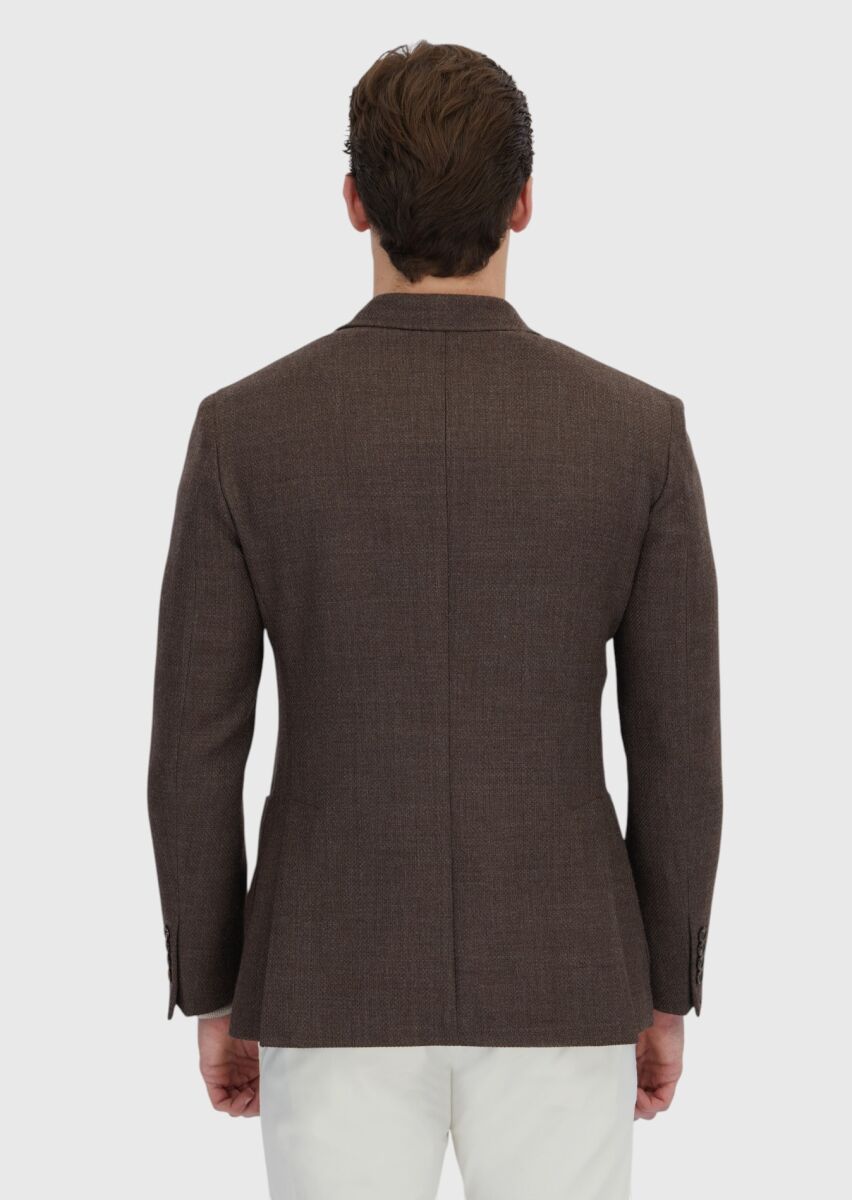 Brown Patterned Zeroweight Slim Fit 100% Wool Jacket - 6