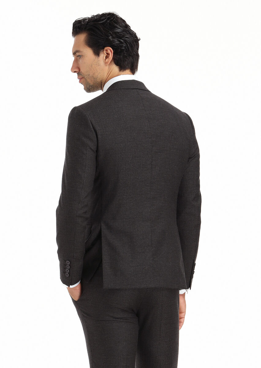 Brown Patterned Zeroweight Slim Fit Wool Blended Suit - 3