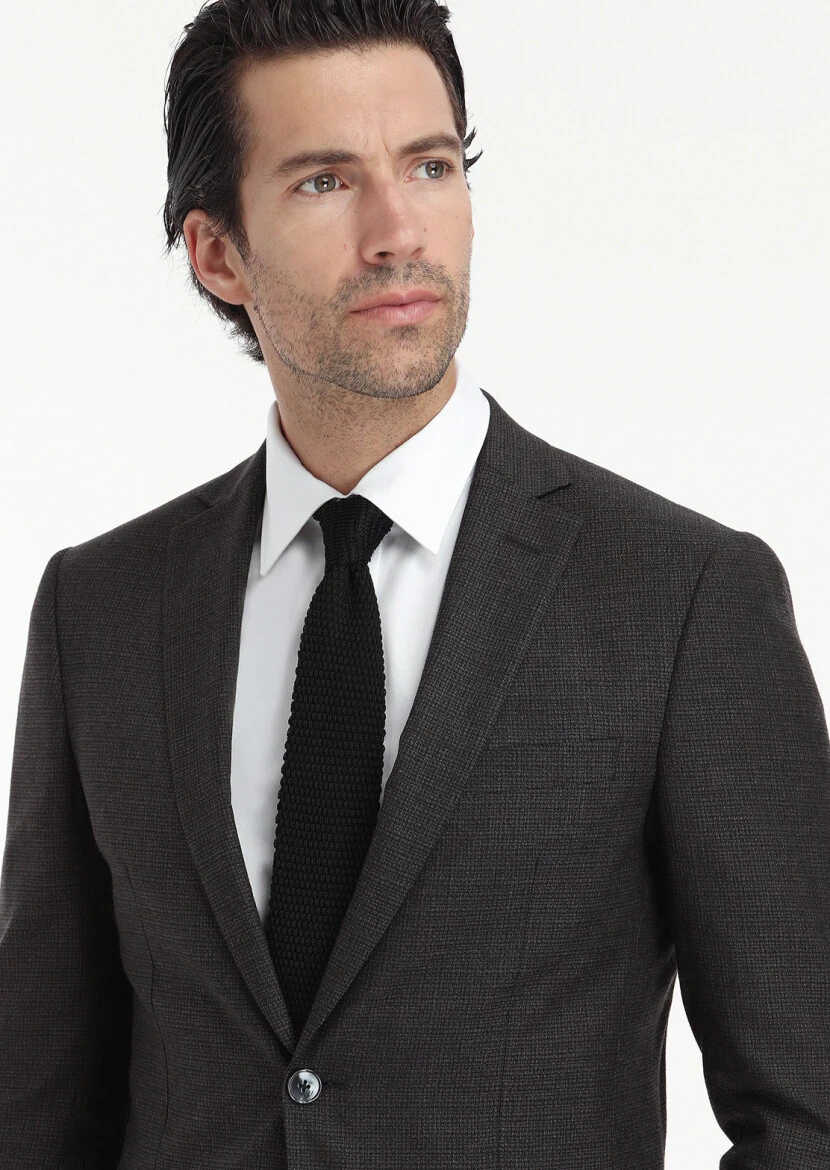 Brown Patterned Zeroweight Slim Fit Wool Blended Suit - 3