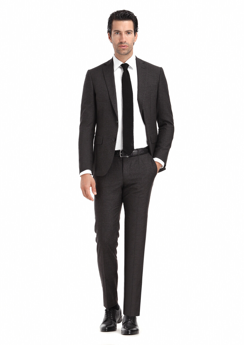 Brown Patterned Zeroweight Slim Fit Wool Blended Suit 