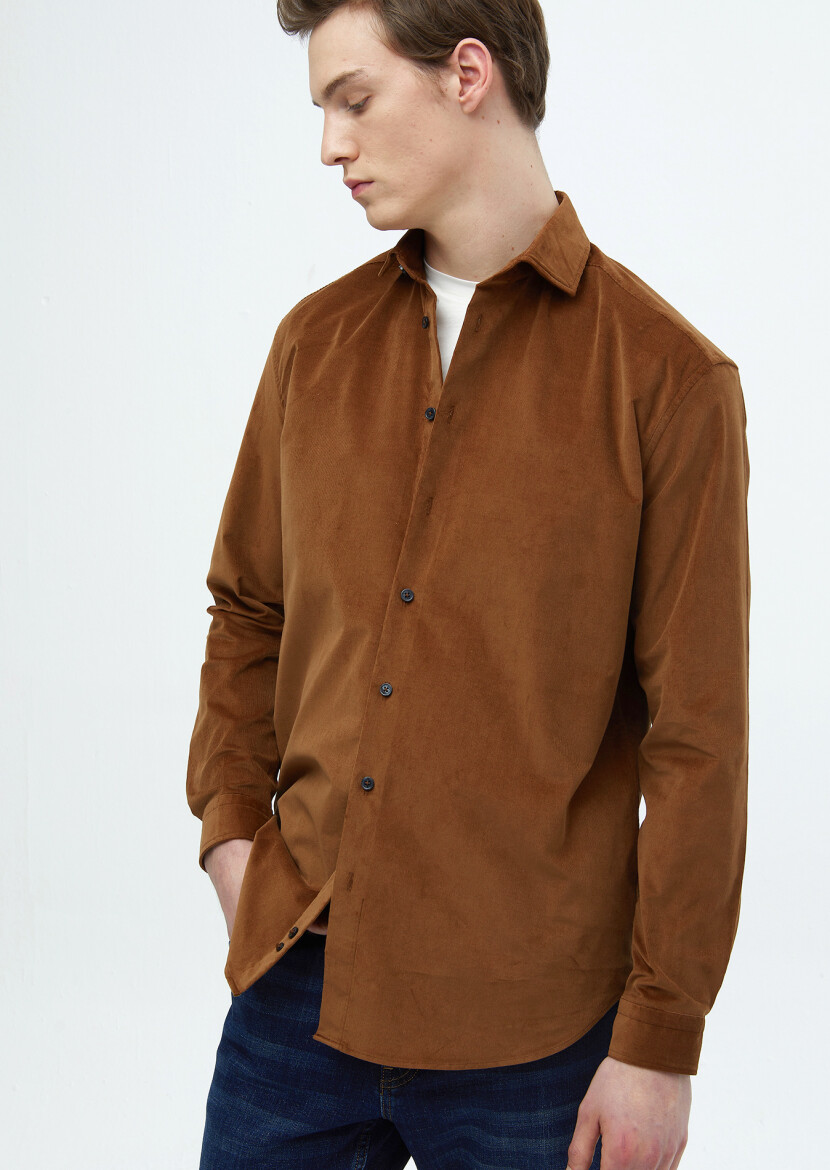 Brown Plain Casual Fit Long Weaving Casual 100% Cotton Shirt - 3