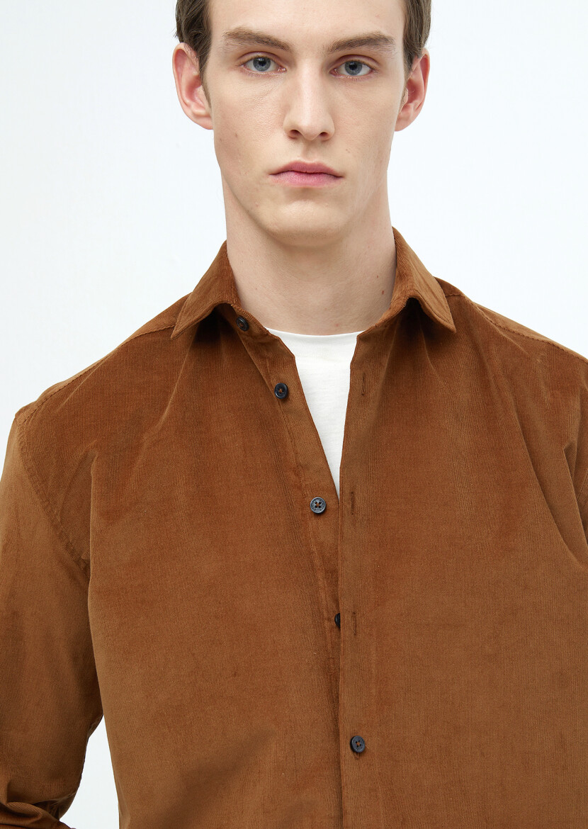 Brown Plain Casual Fit Long Weaving Casual 100% Cotton Shirt - 4