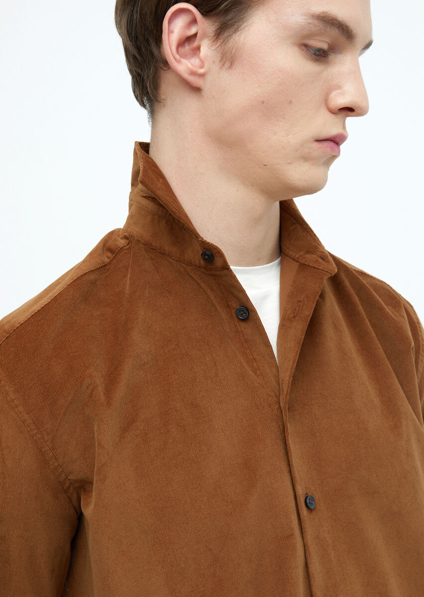 Brown Plain Casual Fit Long Weaving Casual 100% Cotton Shirt - 5