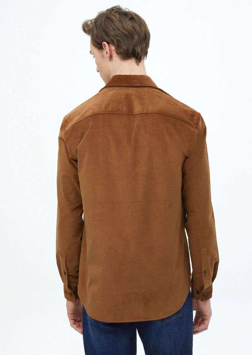 Brown Plain Casual Fit Long Weaving Casual 100% Cotton Shirt - 6