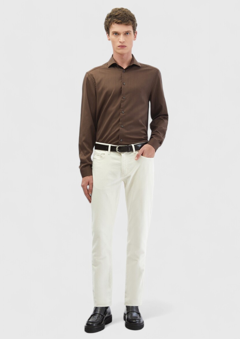 Brown Plain Casual Fit Long Weaving Casual Silk Blended Shirt 