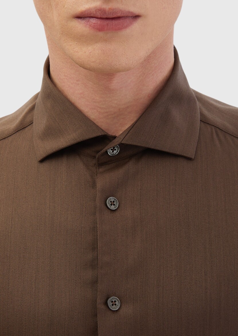 Brown Plain Casual Fit Long Weaving Casual Silk Blended Shirt - 5