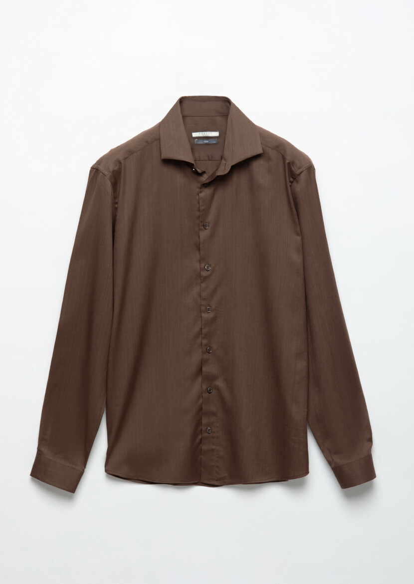 Brown Plain Casual Fit Long Weaving Casual Silk Blended Shirt - 7