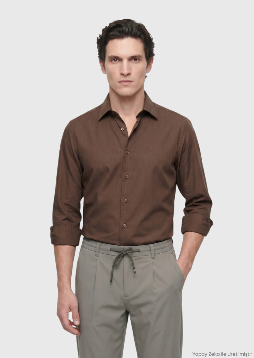 Brown Plain Casual Fit Long Weaving Casual Silk Blended Shirt 