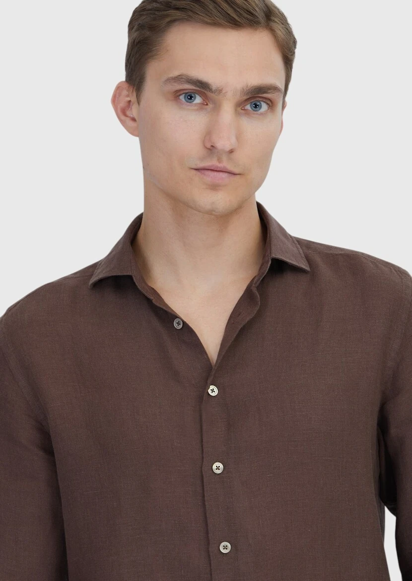 Brown Plain Casual Fit Weaving Casual 100% Linen Shirt - 3