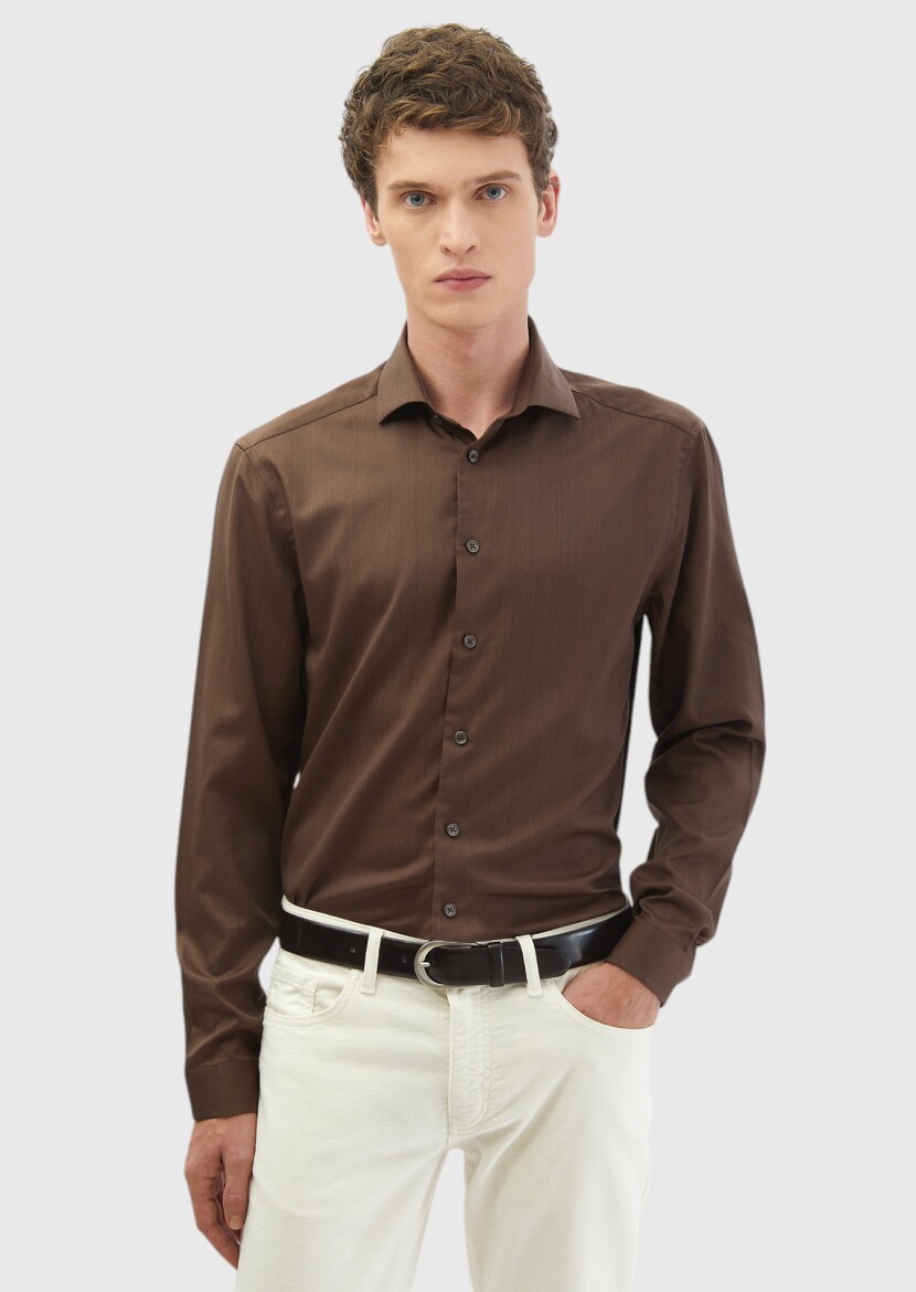 Brown Plain Casual Fit Weaving Casual Silk Blended Shirt 