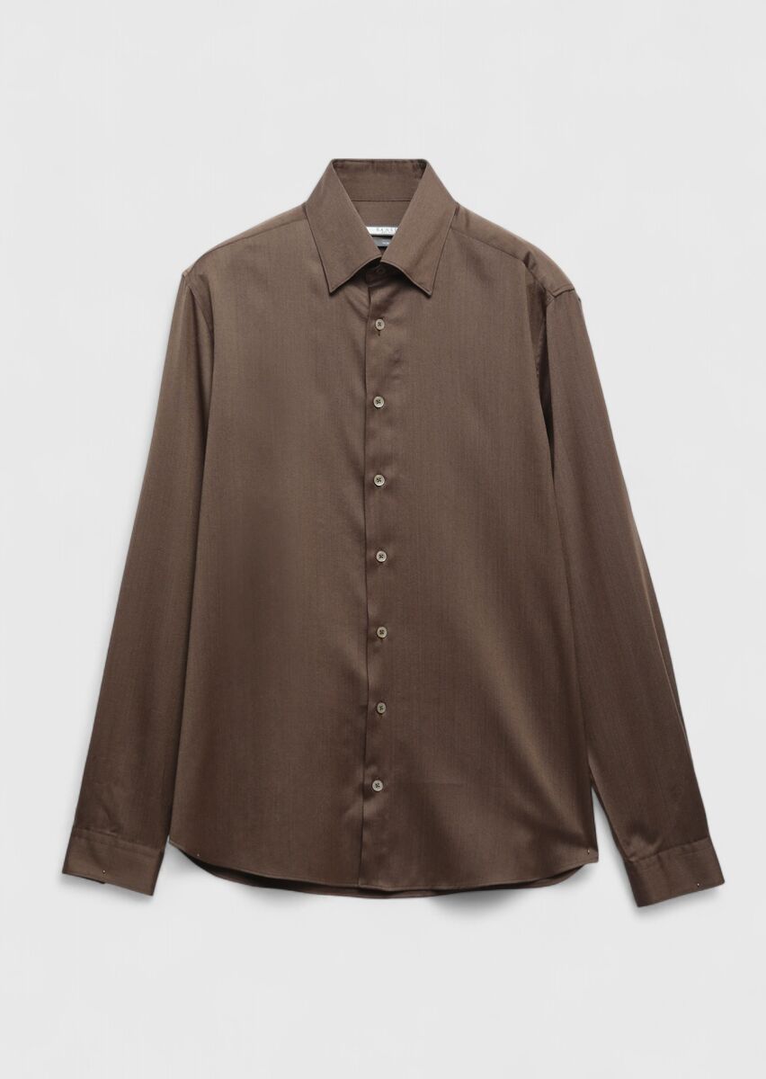 Brown Plain Casual Fit Weaving Casual Silk Blended Shirt - 1