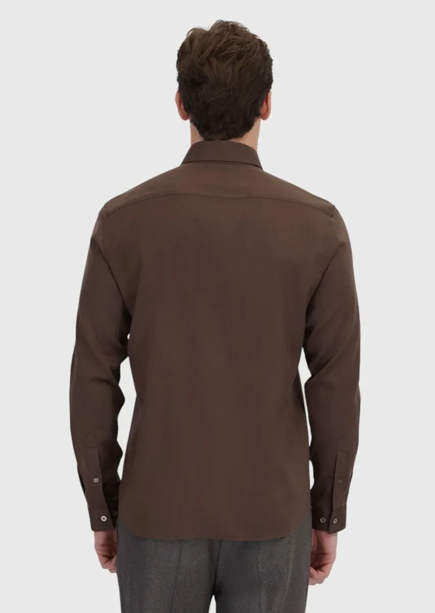 Brown Plain Casual Fit Weaving Casual Silk Blended Shirt - 5