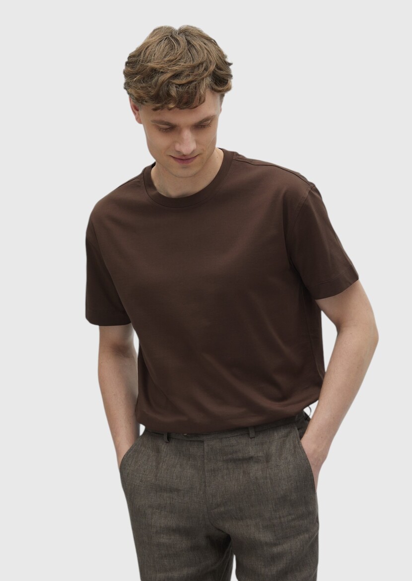 Brown Plain Crew Neck 100% Cotton T-Shirt - RAMSEY