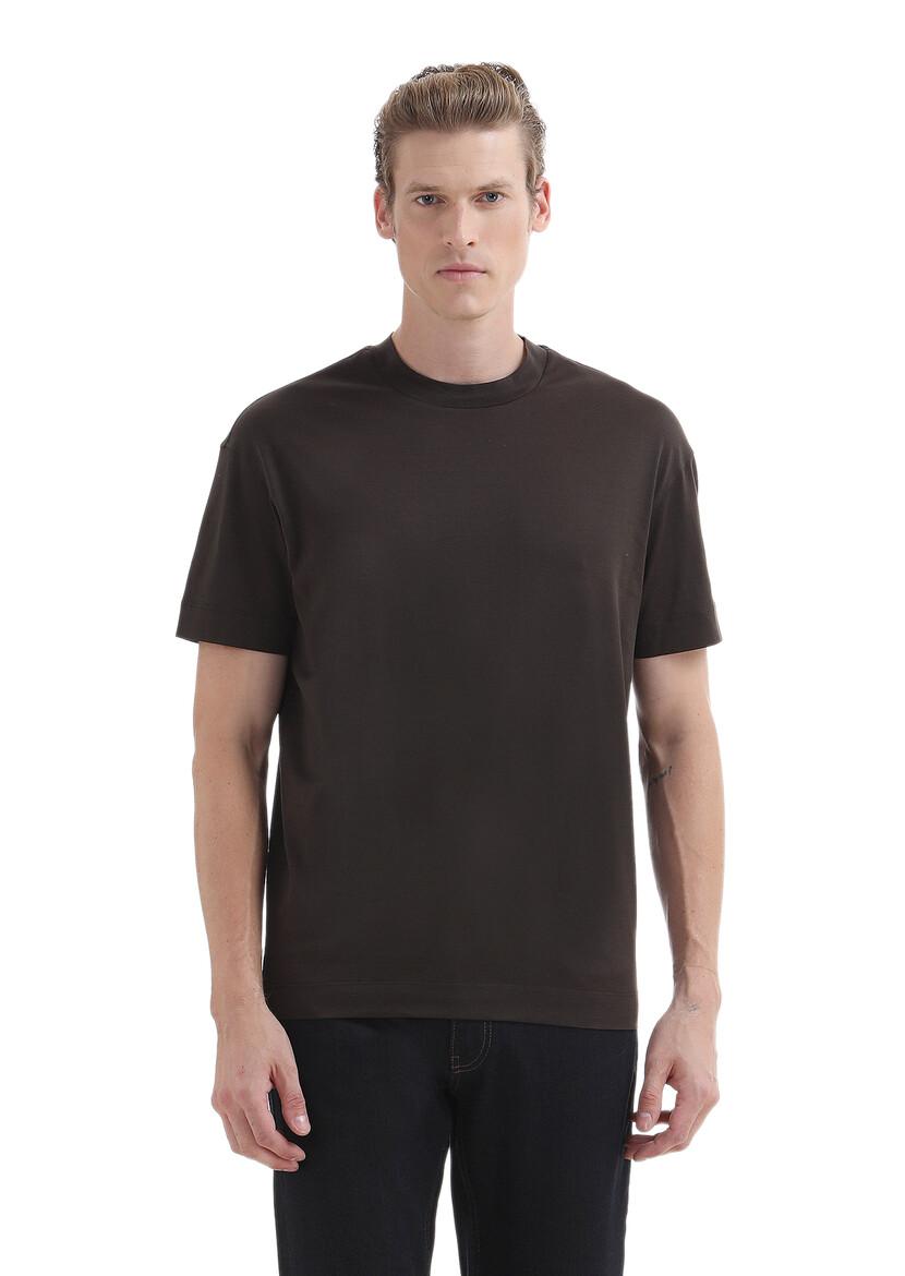 Brown Plain Crew Neck 100% Cotton T-Shirt - 1