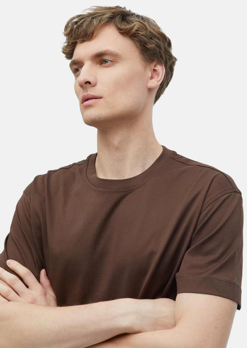 Brown Plain Crew Neck 100% Cotton T-Shirt - 3