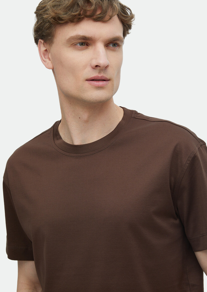 Brown Plain Crew Neck 100% Cotton T-Shirt - 4