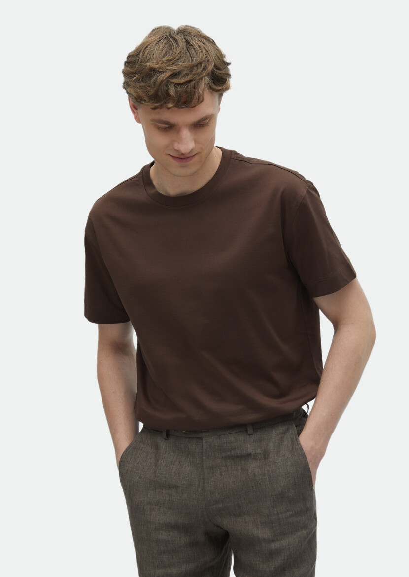 Brown Plain Crew Neck 100% Cotton T-Shirt 