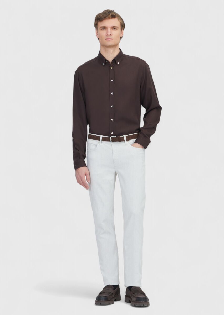 Brown Plain Long Weaving Casual Shirt - 2