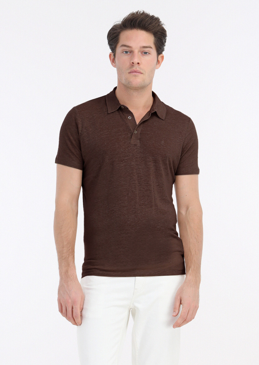 Brown Plain Polo Neck 100% Linen T-Shirt - 1