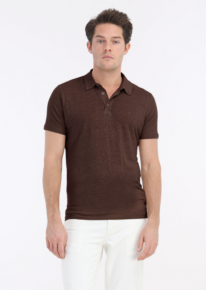 Brown Plain Polo Neck 100% Linen T-Shirt - 1