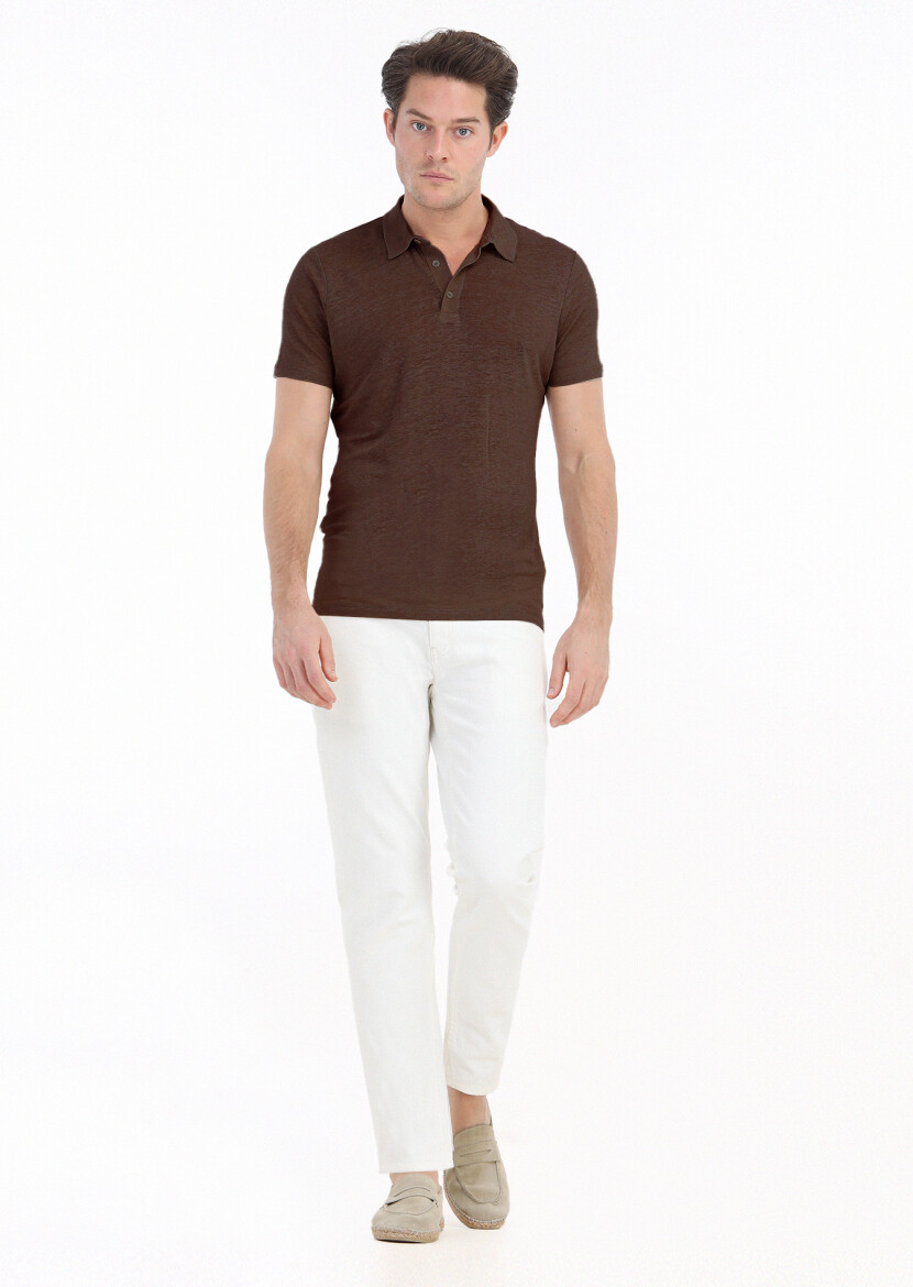 Brown Plain Polo Neck 100% Linen T-Shirt - 2