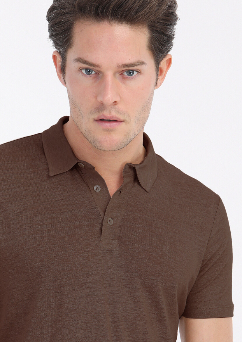 Brown Plain Polo Neck 100% Linen T-Shirt - 3