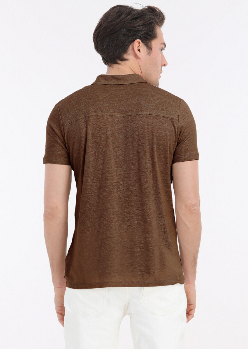 Brown Plain Polo Neck 100% Linen T-Shirt - 4