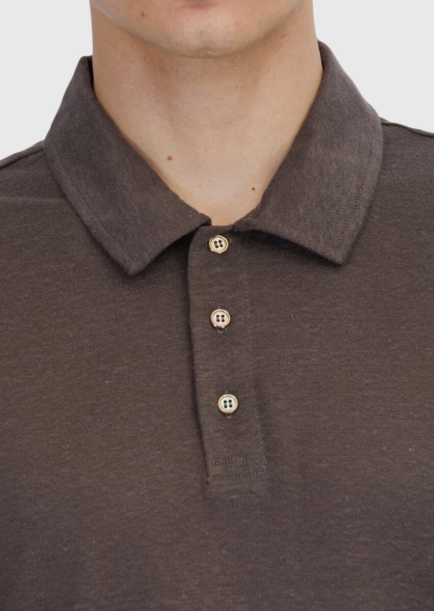 Brown Plain Polo Neck 100% Linen T-Shirt - 4