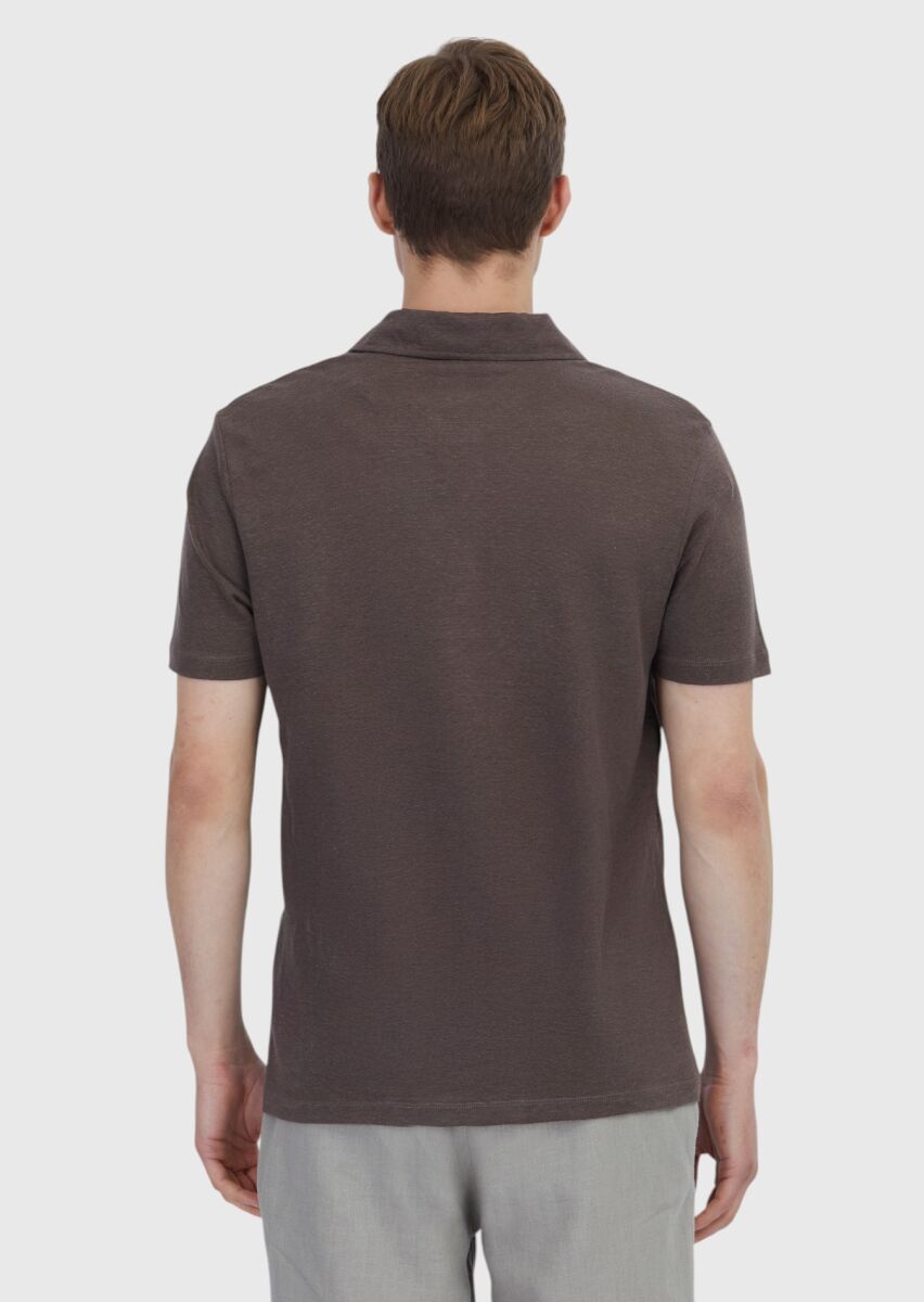 Brown Plain Polo Neck 100% Linen T-Shirt - 5