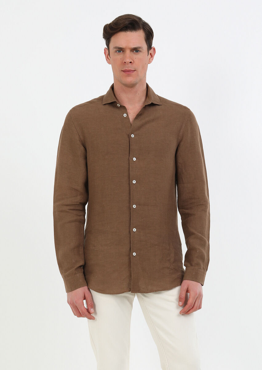 Brown Plain Regular Fit Long Weaving Casual 100% Linen Shirt - 1