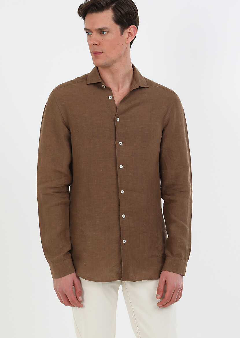 Brown Plain Regular Fit Long Weaving Casual 100% Linen Shirt - 2