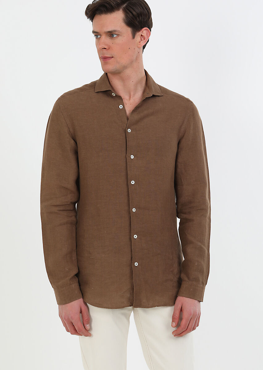 Brown Plain Regular Fit Long Weaving Casual 100% Linen Shirt - 2