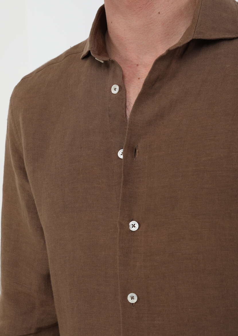 Brown Plain Regular Fit Long Weaving Casual 100% Linen Shirt - 3