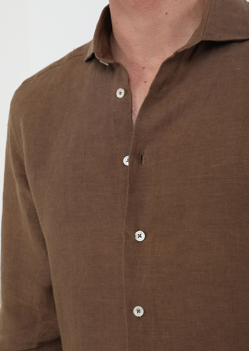 Brown Plain Regular Fit Long Weaving Casual 100% Linen Shirt - 3
