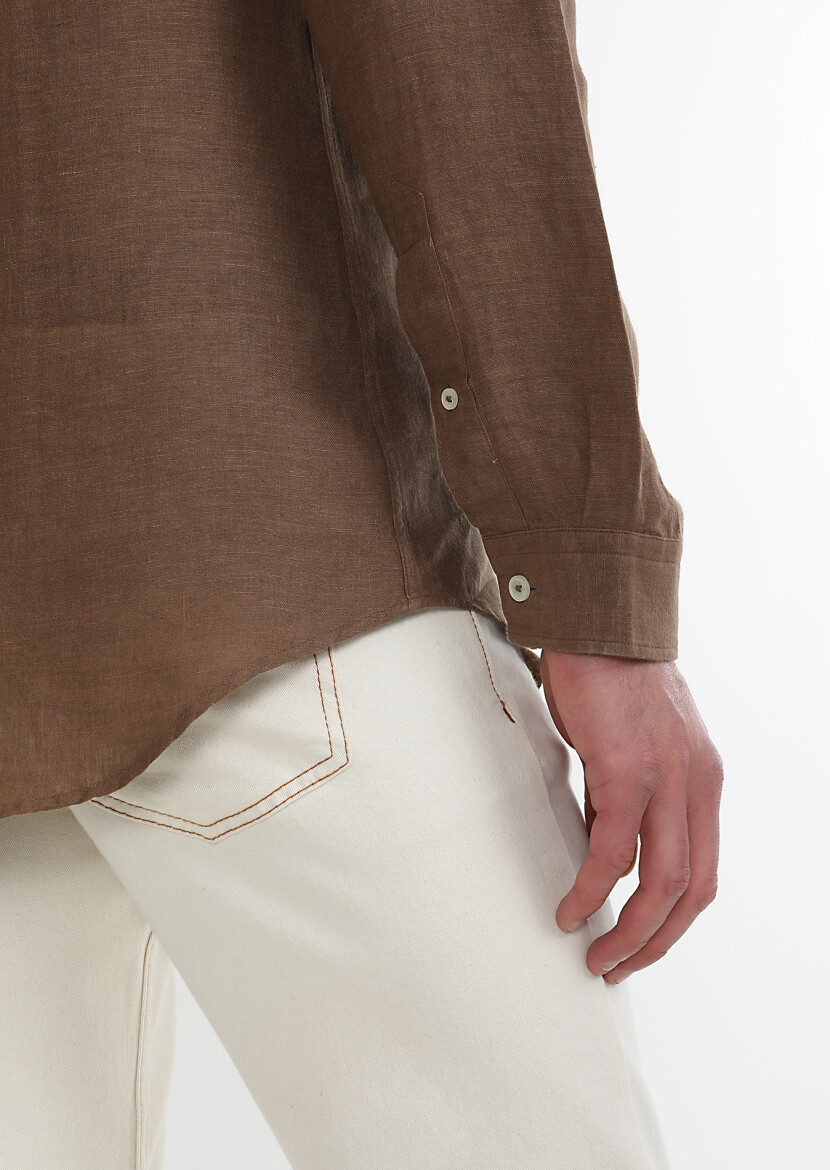 Brown Plain Regular Fit Long Weaving Casual 100% Linen Shirt - 4
