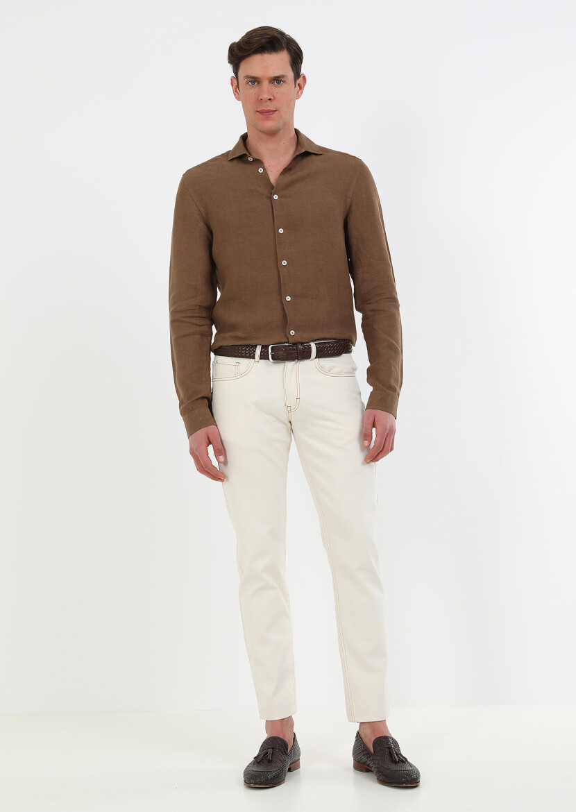 Brown Plain Regular Fit Long Weaving Casual 100% Linen Shirt - 5