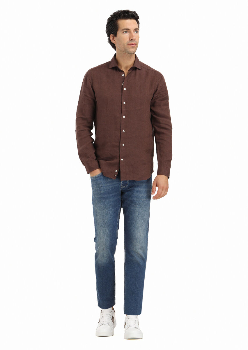 Brown Plain Regular Fit Long Weaving Casual 100% Linen Shirt - 1