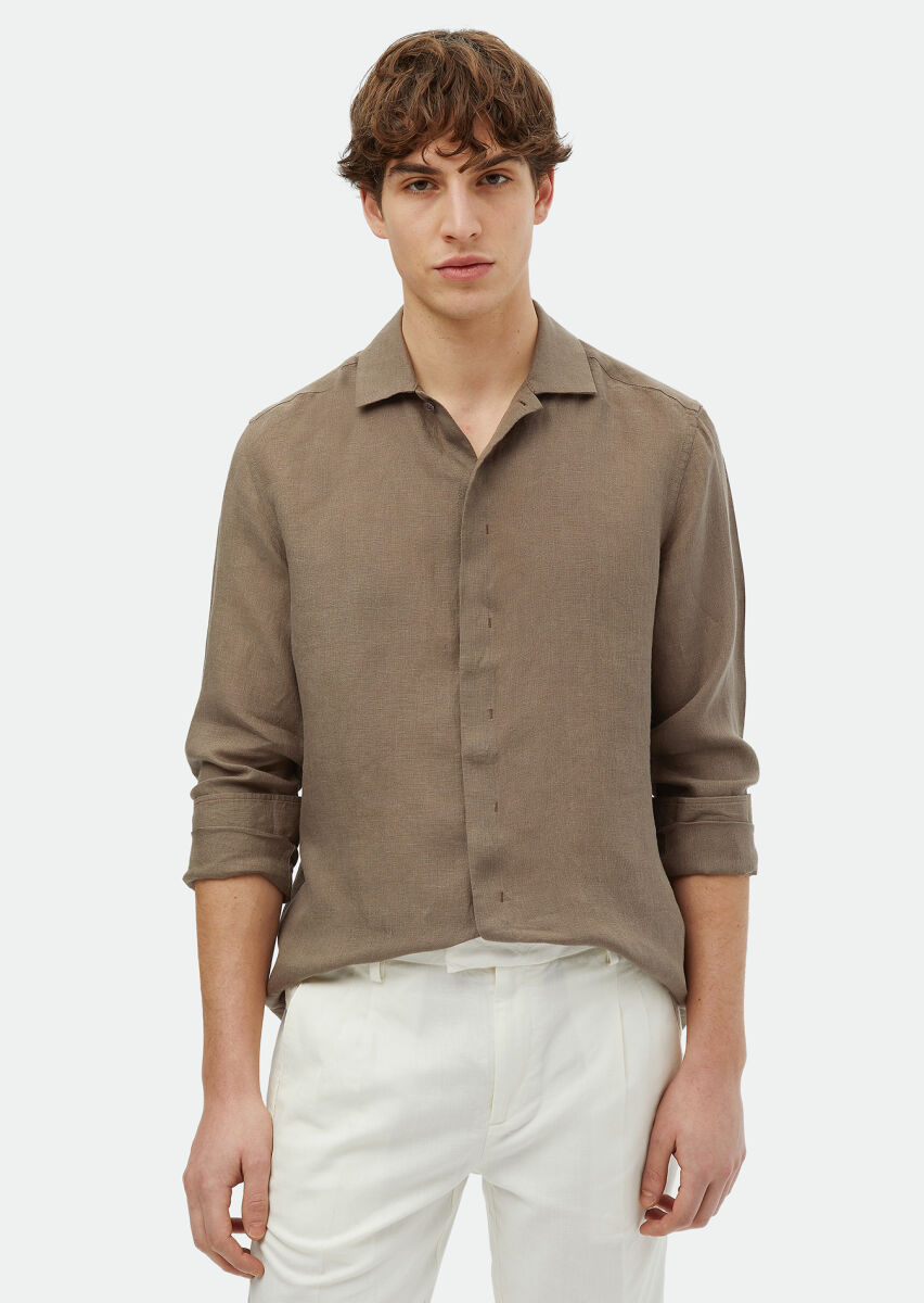 Brown Plain Regular Fit Long Weaving Casual 100% Linen Shirt - 1
