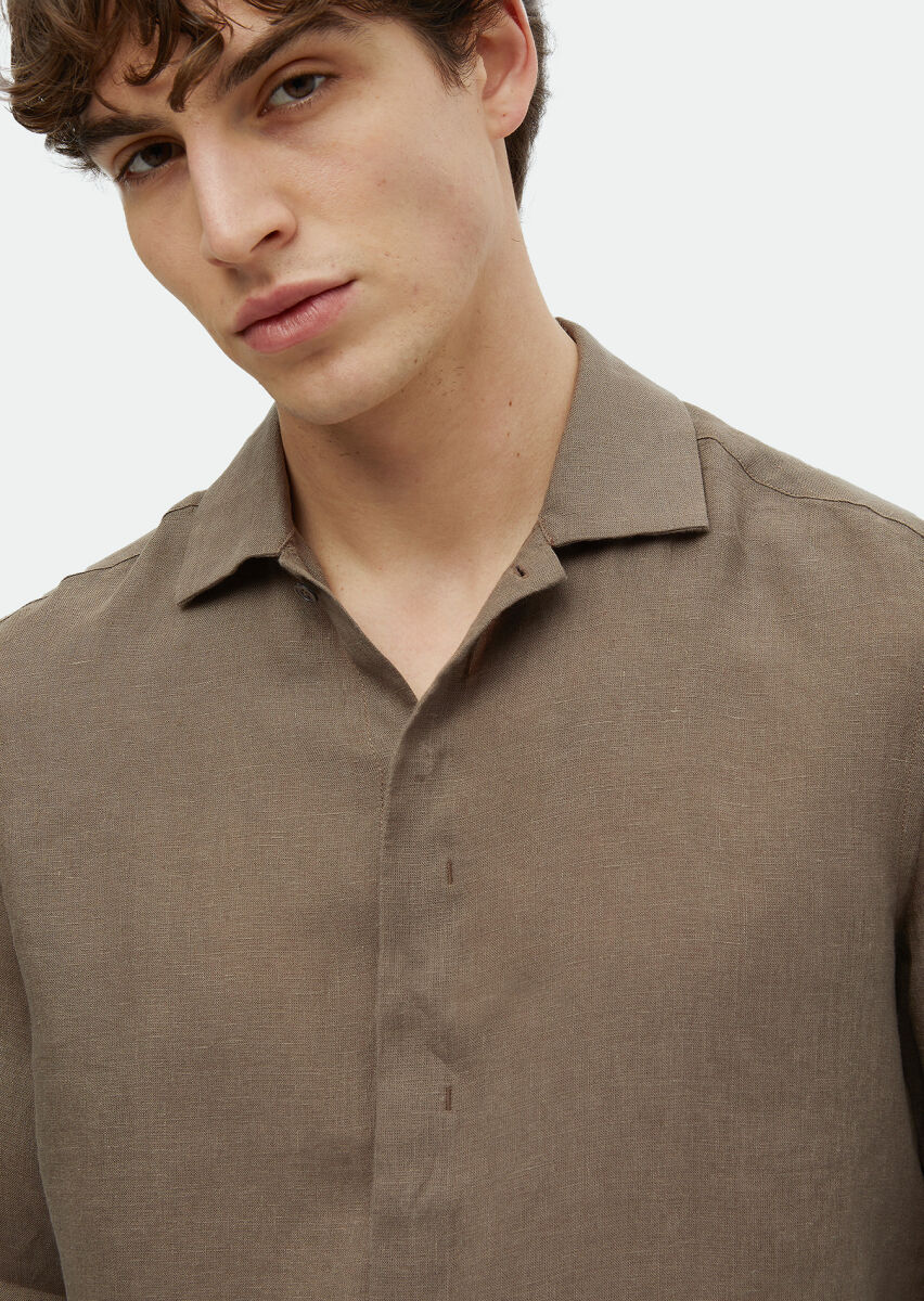 Brown Plain Regular Fit Long Weaving Casual 100% Linen Shirt - 3