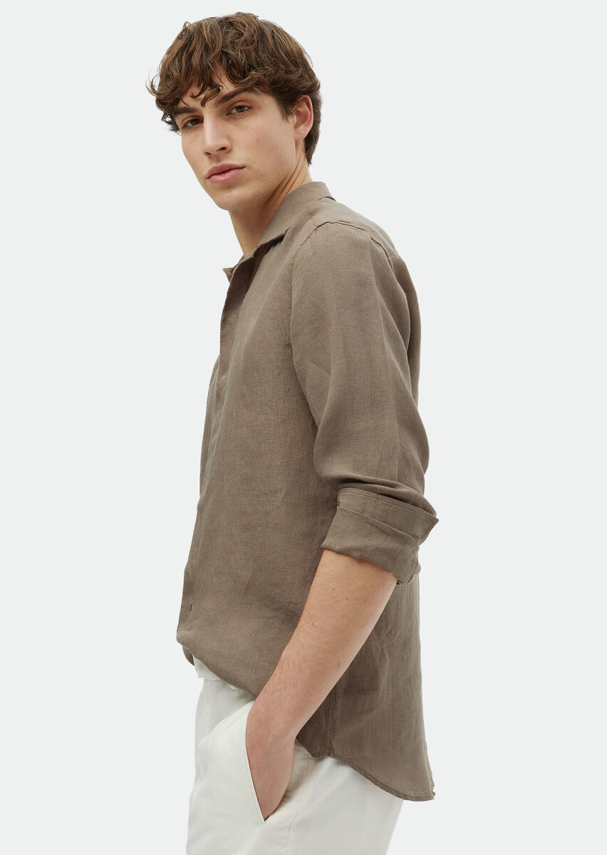 Brown Plain Regular Fit Long Weaving Casual 100% Linen Shirt - 4