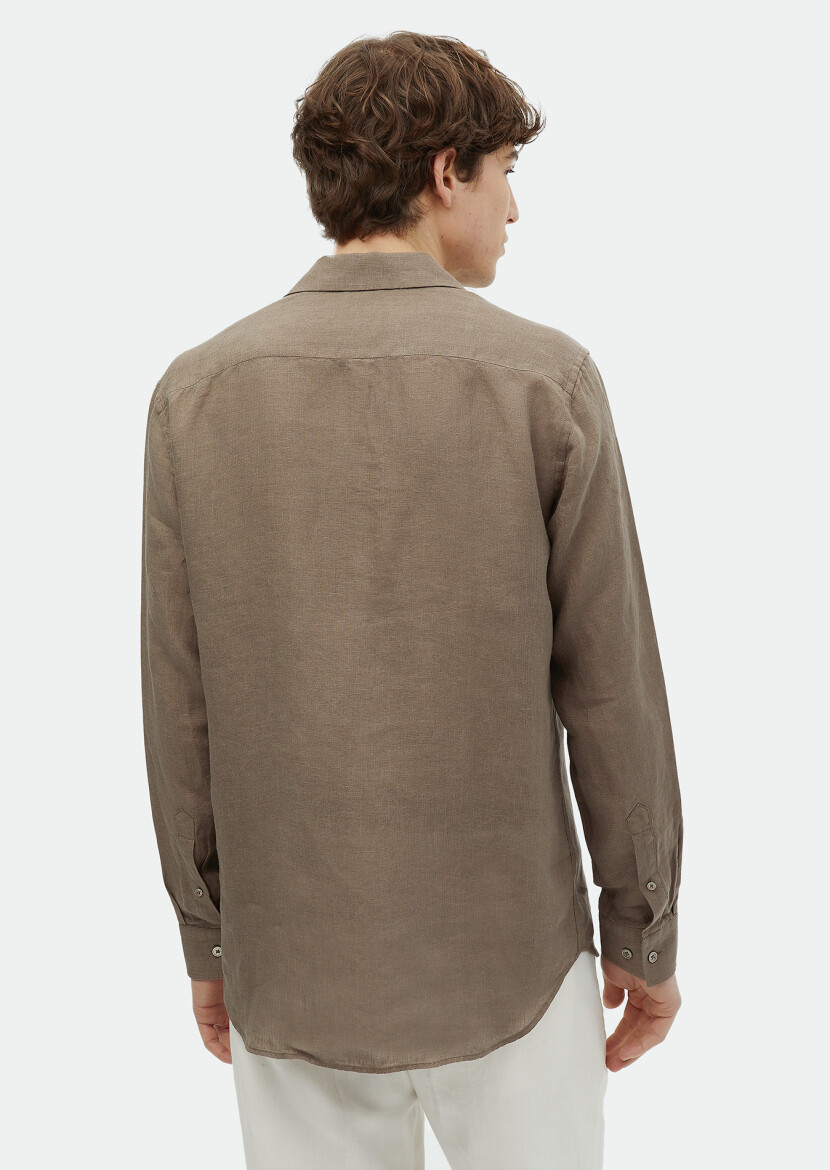 Brown Plain Regular Fit Long Weaving Casual 100% Linen Shirt - 5