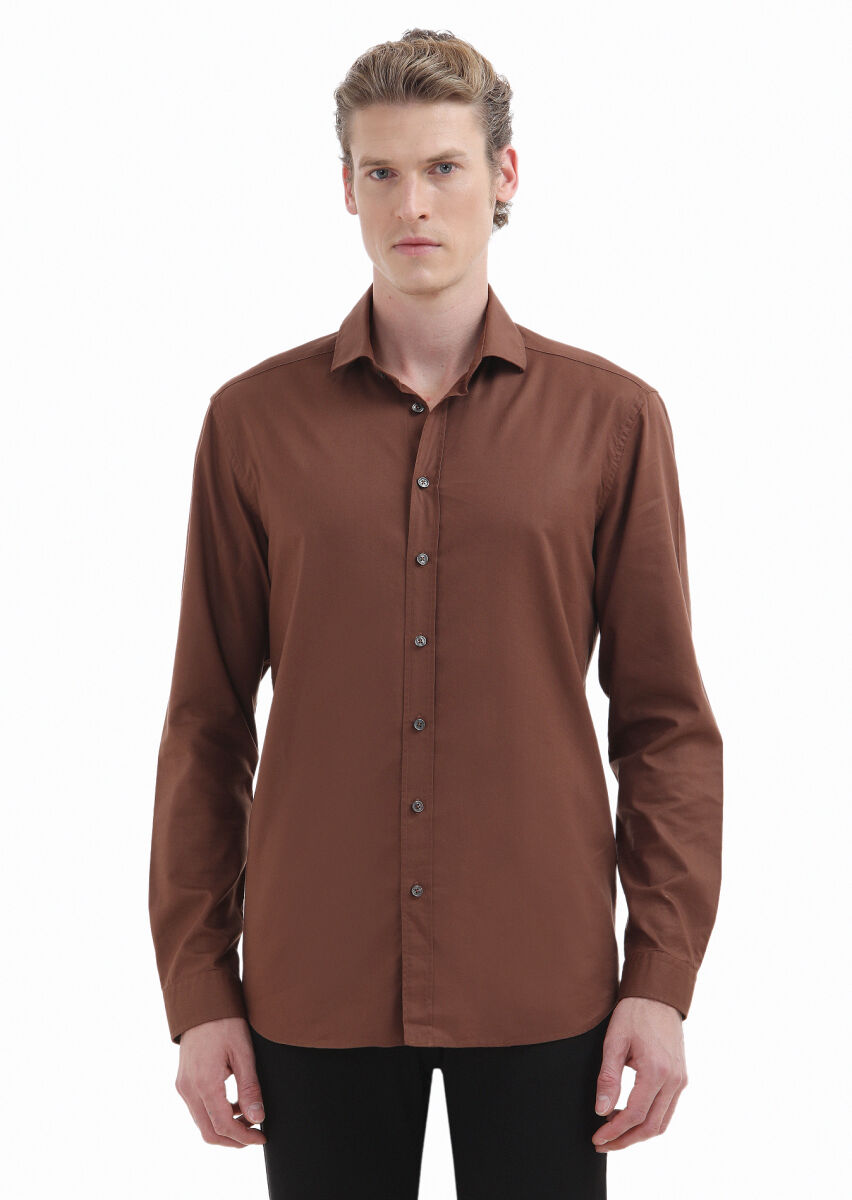 Brown Plain Regular Fit Long Weaving Casual Cotton Blended Shirt - 1